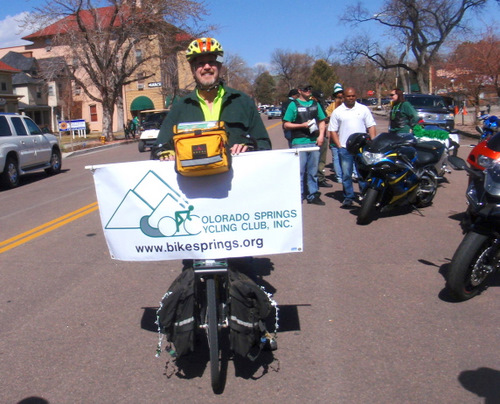 Saint Patrick's Banner Carrier for the Colorado Springs Cycling Club (CSCC).